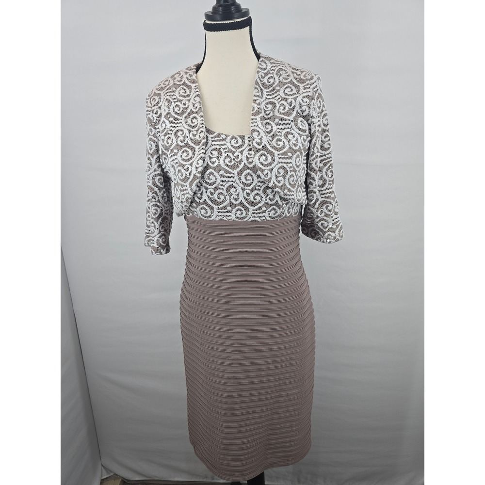 R&M‎ Richards Womens Taupe Lace Sequin Sheath Dress and Bolero Jacket Set Size 6
